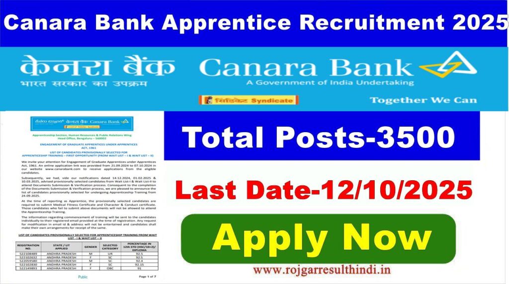 Canara Bank Apprentice Recruitment 2025 Notification PDF, Apply Online for 3500 Apprentice Posts