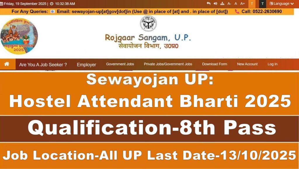 Sewayojan Hostel Attendant Bharti 2025 | Hostel Attendant Job Vacancy Uttar Pradesh, male and female staff cleaning hostel rooms, medical education department recruitment banner