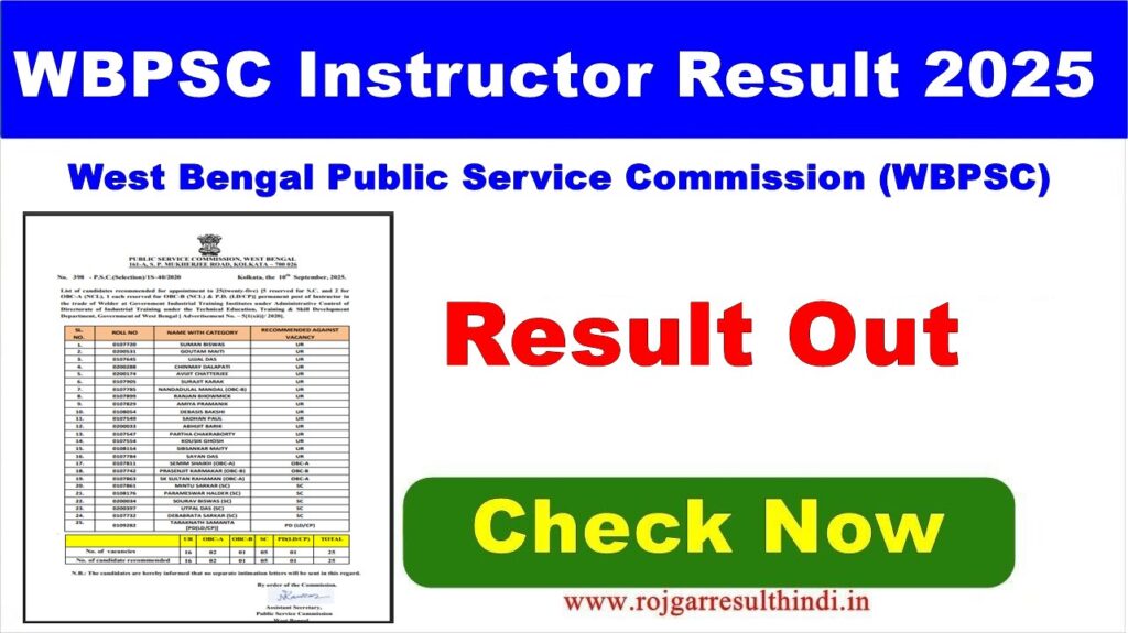 WBPSC Instructor Result 2025 घोषित, रिजल्ट देखें psc.wb.gov.in पर